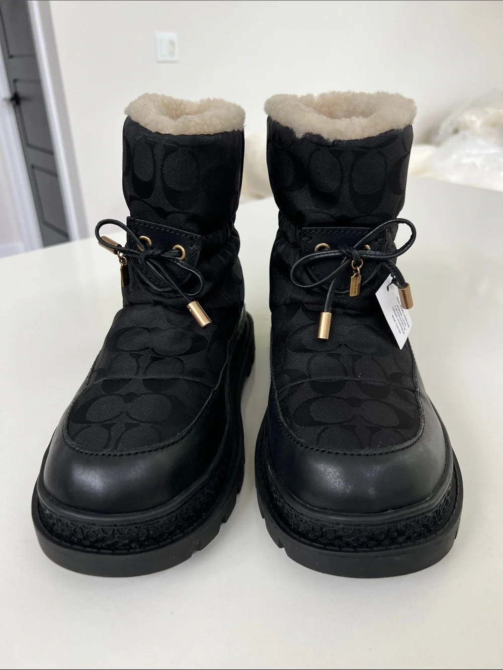 COACH kailee nylon black logo booties snow winter ankle boots size 6